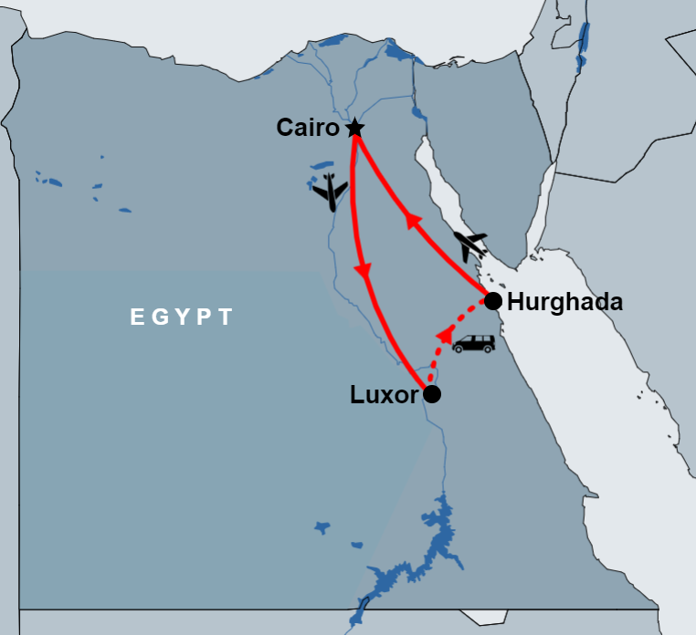 6 Day Cairo, Luxor and Hurghada Tour route map